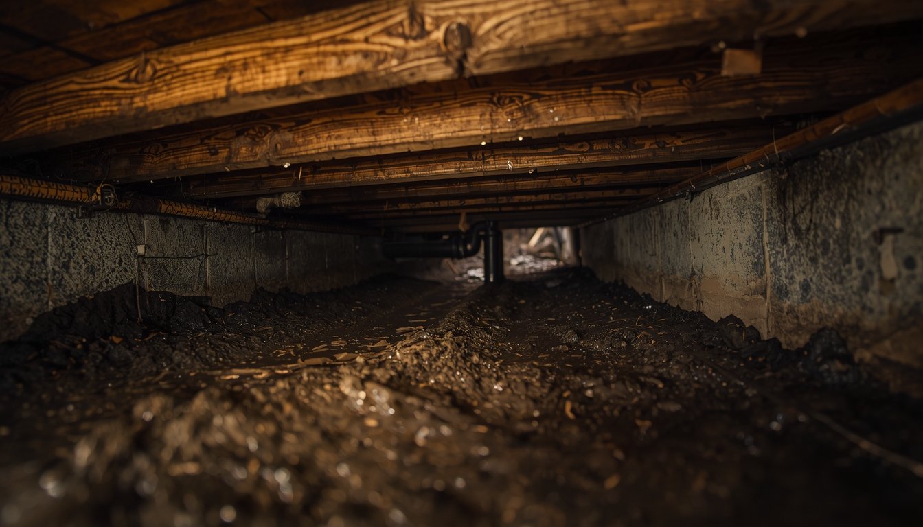 damp soil and beams under house