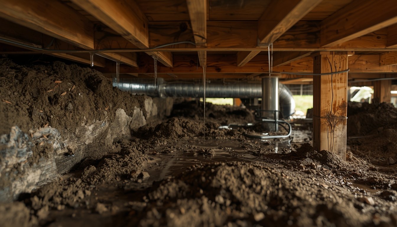 wet crawl space conditions showing moisture buildup