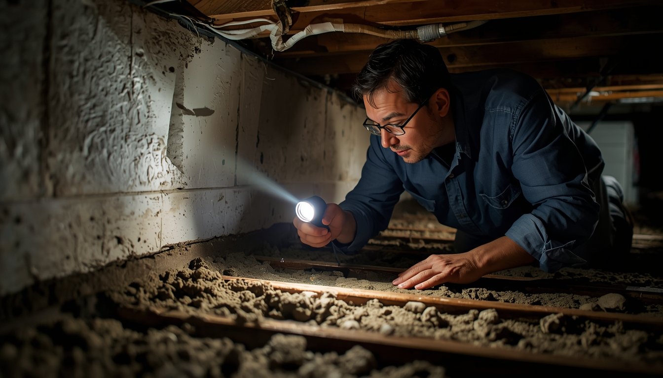 homeowner checking under house with flashlight