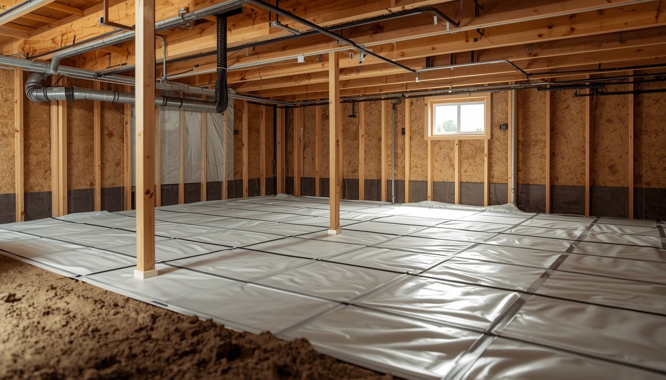 Dry crawl space under a house with vapor barrier and wooden floor structure for moisture control