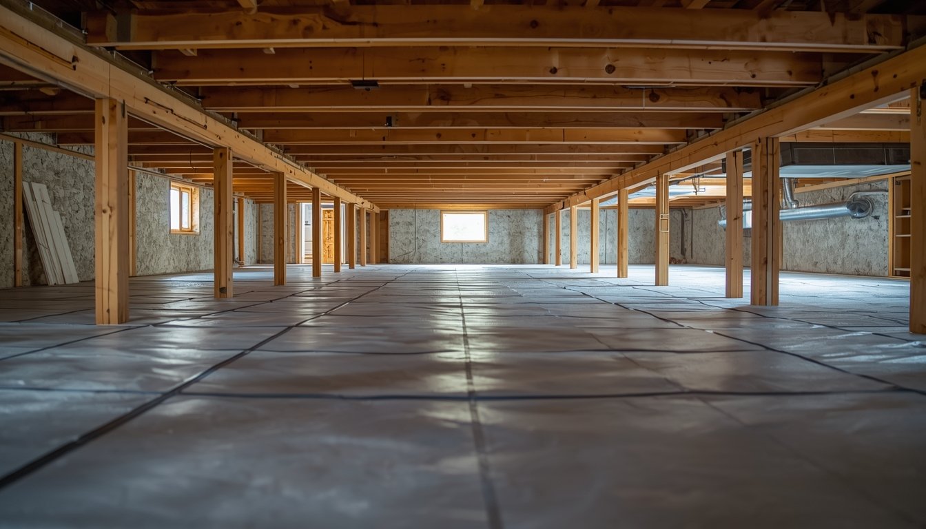Clean and dry crawl space under a house with vapor barrier and wooden floor joists